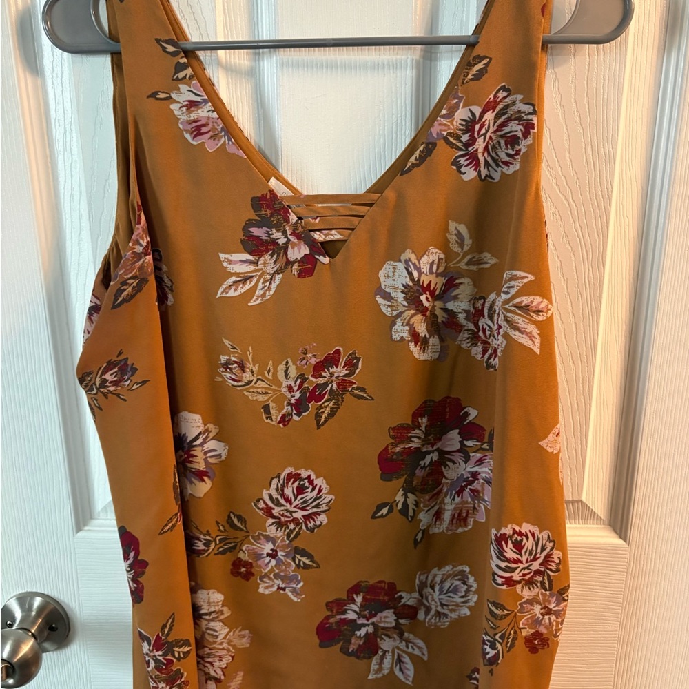 Maurices Mustard Floral Tank with Crisscross Straps